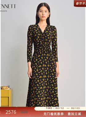 【朱珠同款】LK BENNETT黑色碎花连衣裙女春v领收腰优雅印花长裙