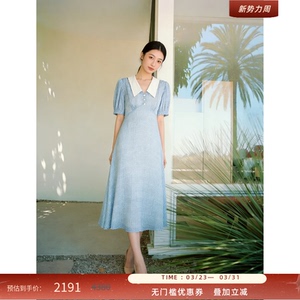 LK BENNETT蓝色连衣裙女夏季法式气质千鸟格娃娃领收腰短袖长裙
