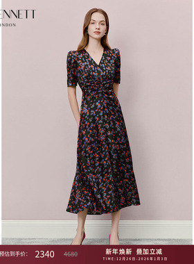 lkbennett黑色连衣裙2025年夏新款褶裥抽褶A字摆气质优雅泼墨印花