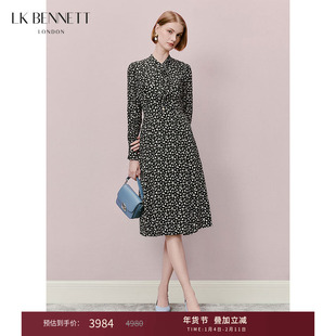 LK BENNETT黑色碎花真丝连衣裙女春秋蝴蝶结长袖桑蚕丝收腰a字长