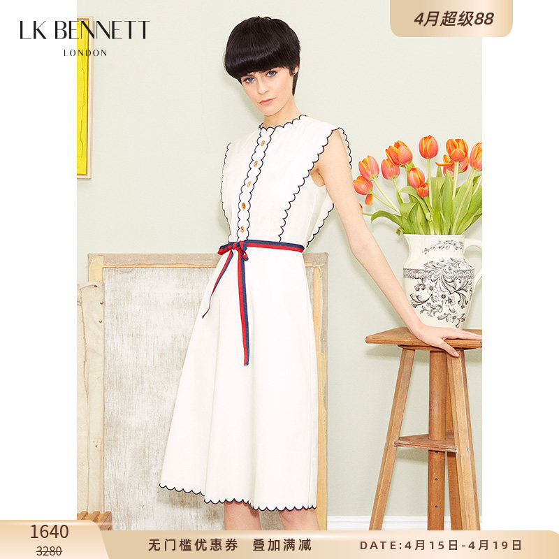 LK BENNETT白色法式连衣裙女夏无袖刺绣棉文艺感度假风长裙