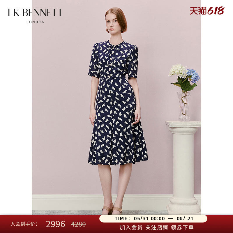 【真丝】LK BENNETT深蓝印花连衣裙夏季珍珠扣蝴蝶结收腰连衣裙
