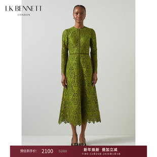 lkbennett绿色连衣裙女秋新款 度假风雕孔镂空收腰显瘦 法式