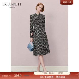 LK BENNETT黑色碎花真丝连衣裙女春秋蝴蝶结长袖桑蚕丝收腰a字长
