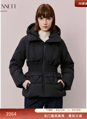 LK BENNETT深蓝色白鹅绒羽绒服2025年冬新款立裁收腰显瘦保暖连帽