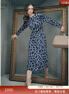 LK BENNETT深蓝连衣裙女2025年秋季新款圆领泡泡袖收腰设计感长裙