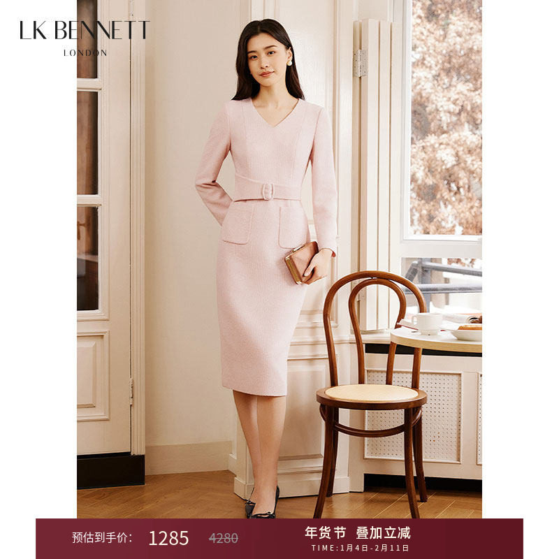 LK BENNETT粉色小香风连衣裙女冬新款法式轻熟气质V领裙子