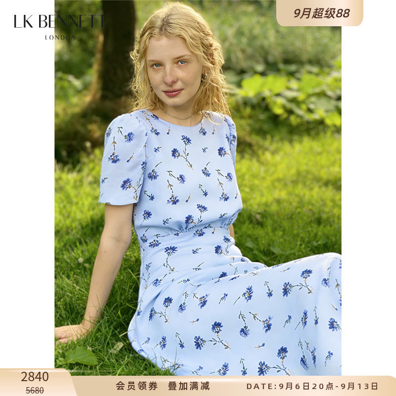 l.k.bennett法式蓝色真丝碎花裙图片