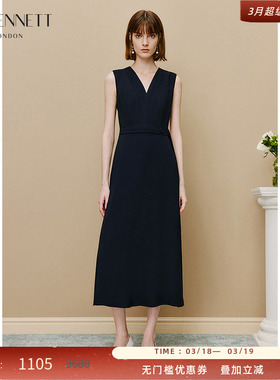 LK BENNETT深蓝v领连衣裙女新款赫本风无袖连衣裙收腰显瘦气质