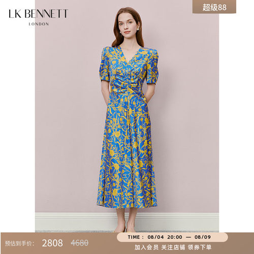 LK BENNETT蓝色印花连衣裙夏新款V领收腰法式复古优雅