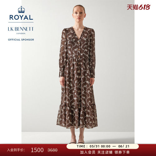 【赛马会】LK BENNETT棕色v领印花连衣裙女优雅褶皱单排扣长裙