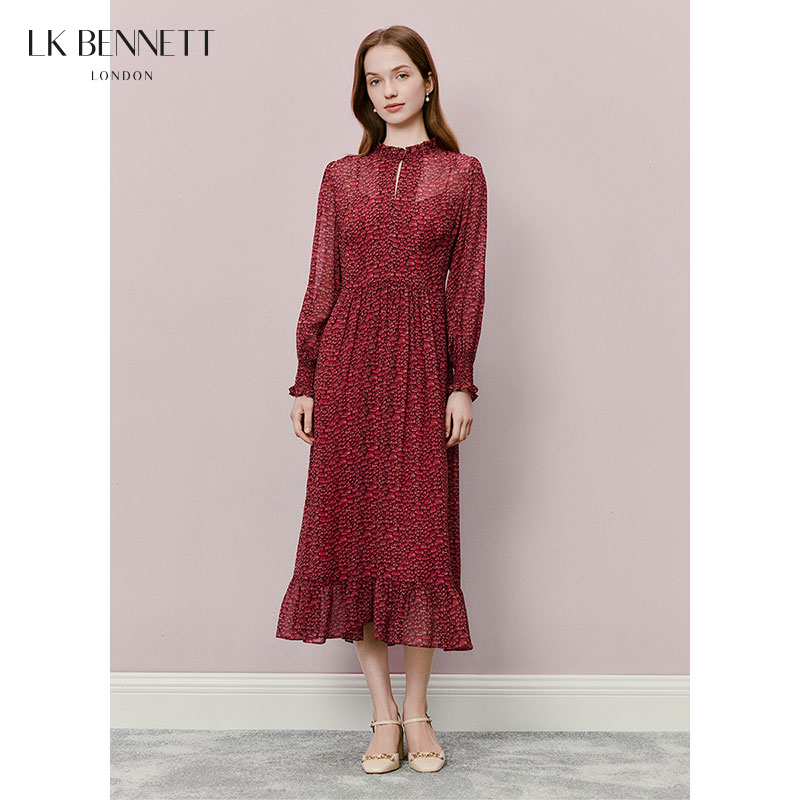 LK BENNETT红色印花连衣裙女春新款优雅木耳边领真丝长裙