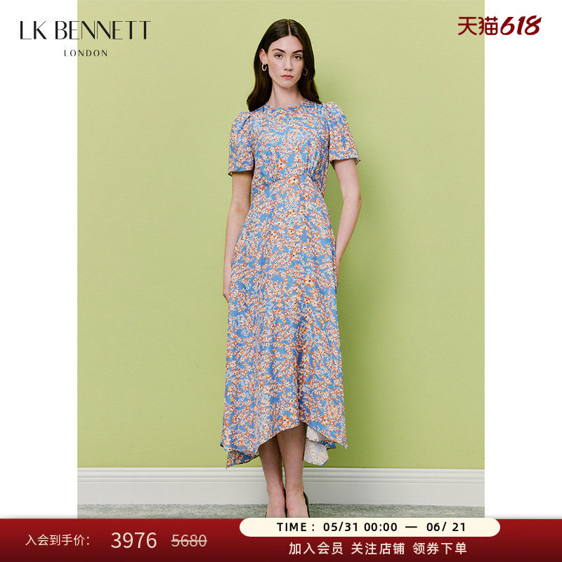 【真丝】LK BENNETT蓝色印花连衣裙2026夏款收腰不规则裙摆碎花裙
