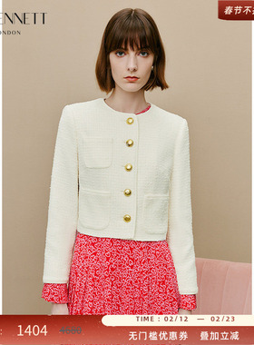 LK BENNETT奶油白色小香风短外套女春新款圆领法式粗花呢夹克
