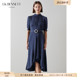 LK BENNETT通勤深蓝连衣裙女春夏中袖收腰长裙不规则设计简约气质