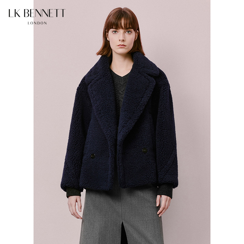 lkbennett深蓝色骆驼绒大衣2025冬季新款翻领宽松慵懒风简约外套