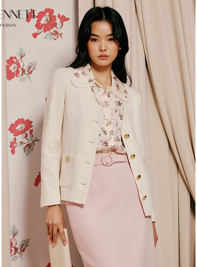 LK BENNETT23新品白色小香风外套女春秋v领粗花呢西装优雅气质上