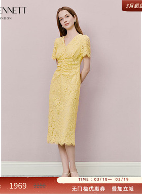 LK BENNETT黄色连衣裙2025年夏新款V领收腰法式复古蕾丝优雅气质