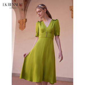 LK BENNETT绿色气质连衣裙女夏短袖v领收腰垂感中长裙气质高级感