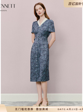LK BENNETT深蓝色独特印花桑蚕丝混纺V领收腰翻领法式优雅连衣裙