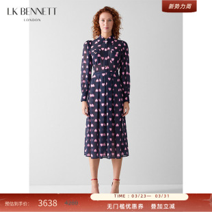 爱心印花泡泡袖 连衣裙2026春夏款 收腰压褶显瘦 BENNETT深蓝长袖