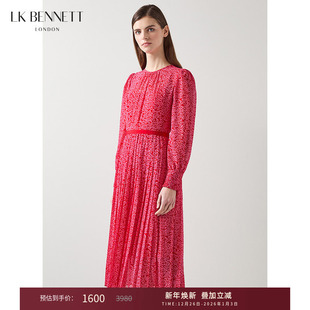 薄纱百褶裙长裙 长袖 lkbennett红色爱心印花连衣裙女新款 春季