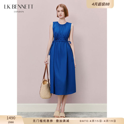 LK BENNETT蓝色纯棉无袖连衣裙夏季新款女简约宽松抽绳收腰