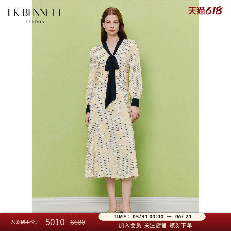 【真丝】LK BENNETT黄色连衣裙女2026夏季新款收腰印花撞色飘带领