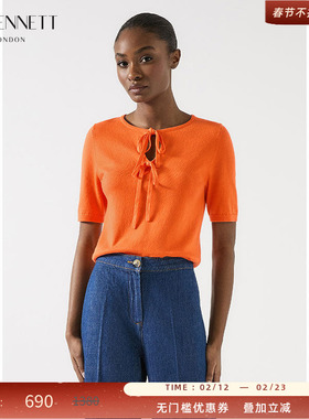 LK BENNETT橙色针织套头衫2025年夏新款简约绳结设计短款