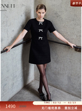 LK BENNETT黑色连衣裙2025年秋冬法式圆领粗花呢蝴蝶结装饰小黑裙