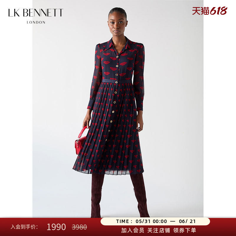 LK BENNETT深蓝红唇印花连衣裙女年冬polo领长袖收腰百褶裙