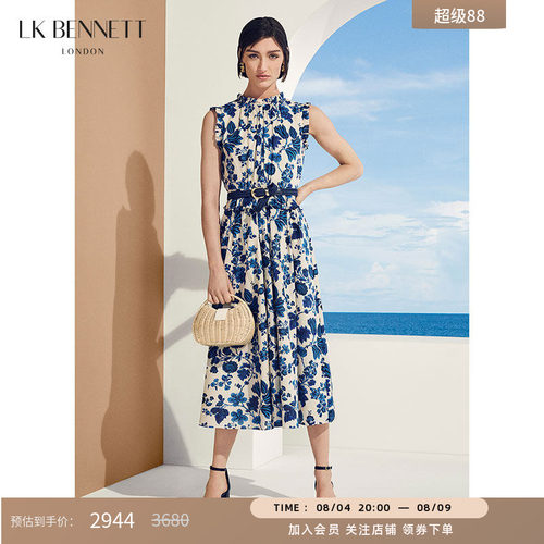 LK BENNETT蓝色立领印花裙夏季新款纯棉无袖荷叶边a字连衣