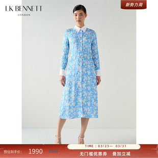 LK BENNETT蓝色连衣裙秋季新款撞色印花衬衫领长袖连衣裙