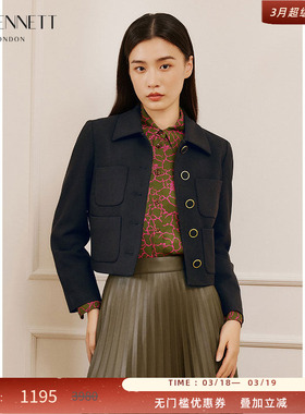 LK BENNETT黑色口袋设计短款外套冬新款直筒型金属布包扣