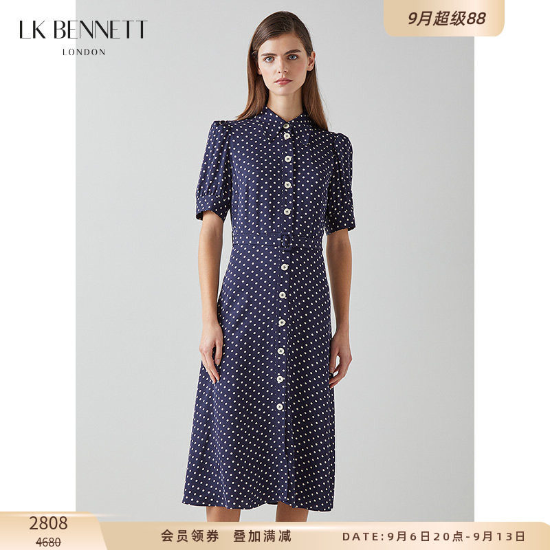 【刘亦菲同款】LK BENNETT深蓝波点真丝连衣裙女长款气质复古港风