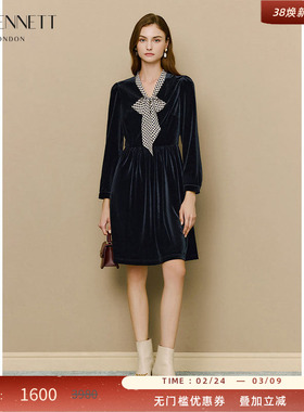 LK BENNETT黑色丝绒波点飘带连衣裙冬新款蝴蝶结系带珠扣