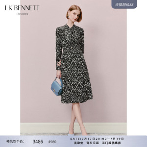 LK BENNETT黑色碎花真丝连衣裙女春秋蝴蝶结长袖桑蚕丝收腰a字长