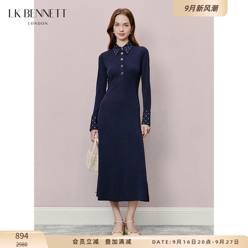 LK BENNETT深蓝色连衣裙春新款复古波点拼接POLO领修身长袖