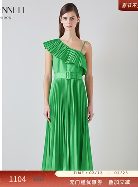 LK BENNETT绿色斜肩连衣裙女夏新款荷叶边无袖细吊带礼服百褶