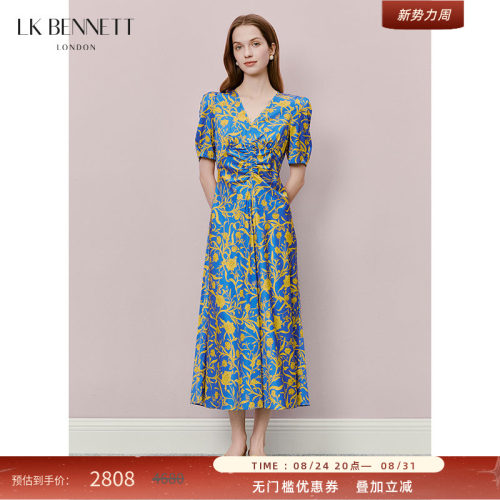 LK BENNETT蓝色印花连衣裙夏新款V领收腰法式复古优雅