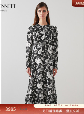 【朱珠同款】LK BENNETT黑色山茶花印花连衣裙桑蚕丝高级感长裙