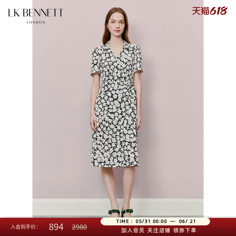 LK BENNETT黑色印花连衣裙夏新款v领收腰系带法式复古优雅