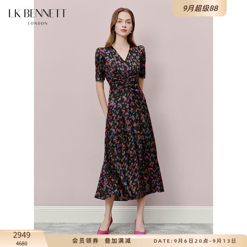 LK BENNETT黑色连衣裙褶裥抽褶A字摆气质优雅泼墨印花桑蚕丝混纺