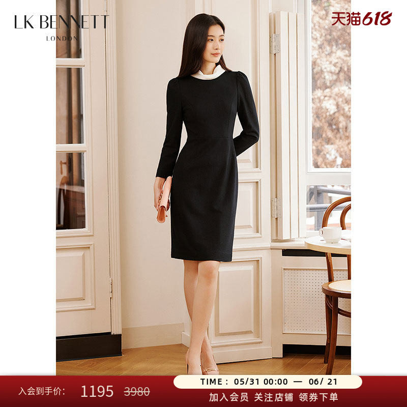 LK BENNETT黑色连衣裙女冬新款法式修身撞色元宝领小黑裙