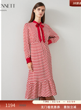 LK BENNETT红色连衣裙新款女装长袖蝴蝶结高级感气质显瘦长裙