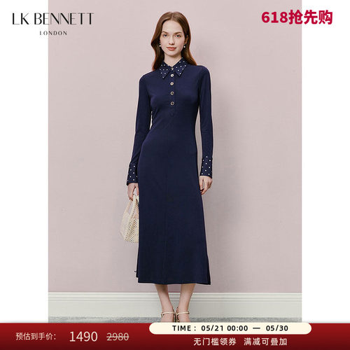 LK BENNETT深蓝色连衣裙春新款复古波点拼接POLO领修身长袖