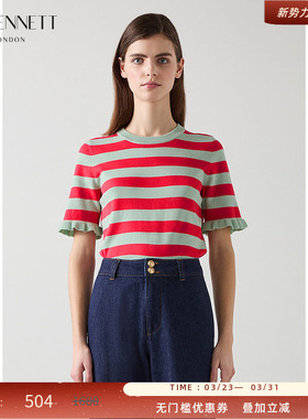 LK BENNETT红色针织衫秋新款纹纯棉套头短t恤袖荷叶边