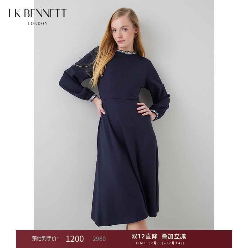 lkbennett藏蓝气质连衣裙女春新款长袖收腰a字长裙通勤显瘦