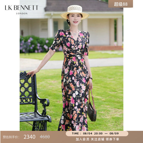 LK BENNETT黑色印花连衣裙夏季新款v领抽褶收腰显瘦碎花长