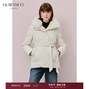 LK BENNETT白色羽绒服女2025年冬季款连帽鹅绒狐狸毛领系带外套